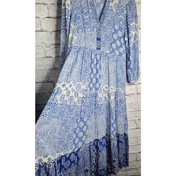 ZARA Blue White Patchwork Tile Print Tiered Midi Dress Long Sleeve Medium M Boho - Picture 6 of 10
